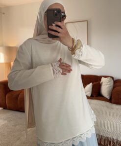 T-shirt manches longues détails dentelles | Blanc