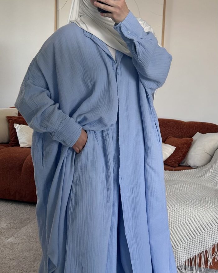 Tunique longue + pantalon coton | Bleu ciel