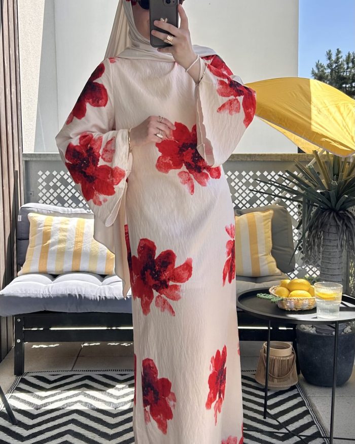 Robe fleurie | Beige & rouge