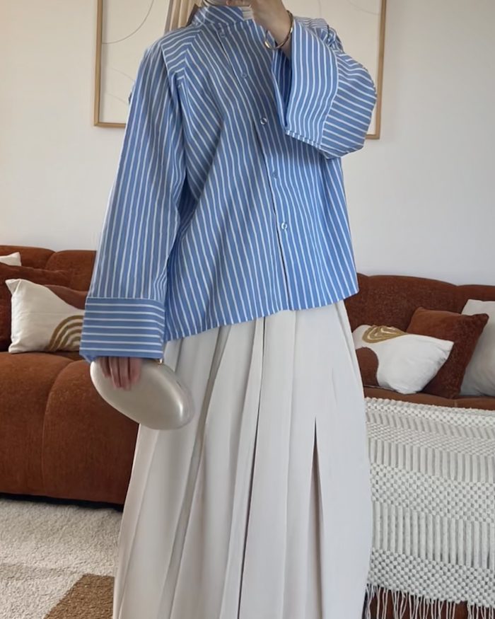 Chemise rayée à col officier | Bleue – Image 3