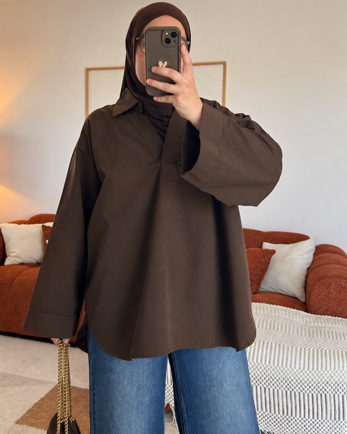 Polo col V oversize | Marron