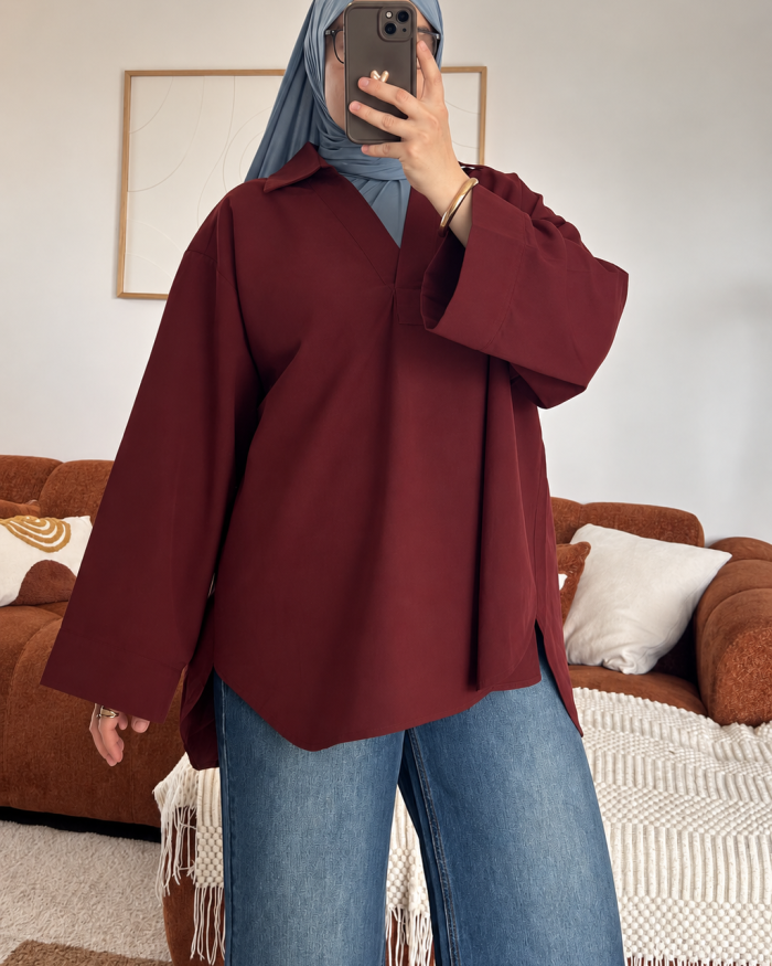 Polo col V oversize | Rouge foncé