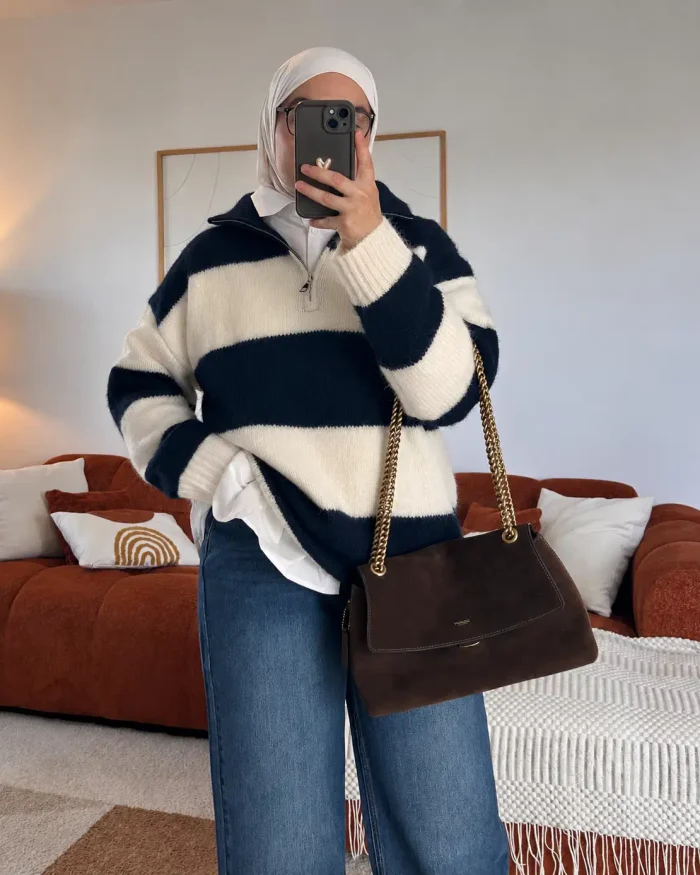 Pull à rayures col zippé montant | Bleu – Image 3