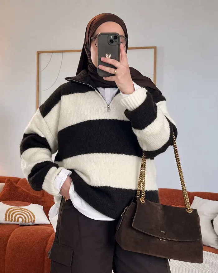 Pull à rayures col zippé montant | Marron