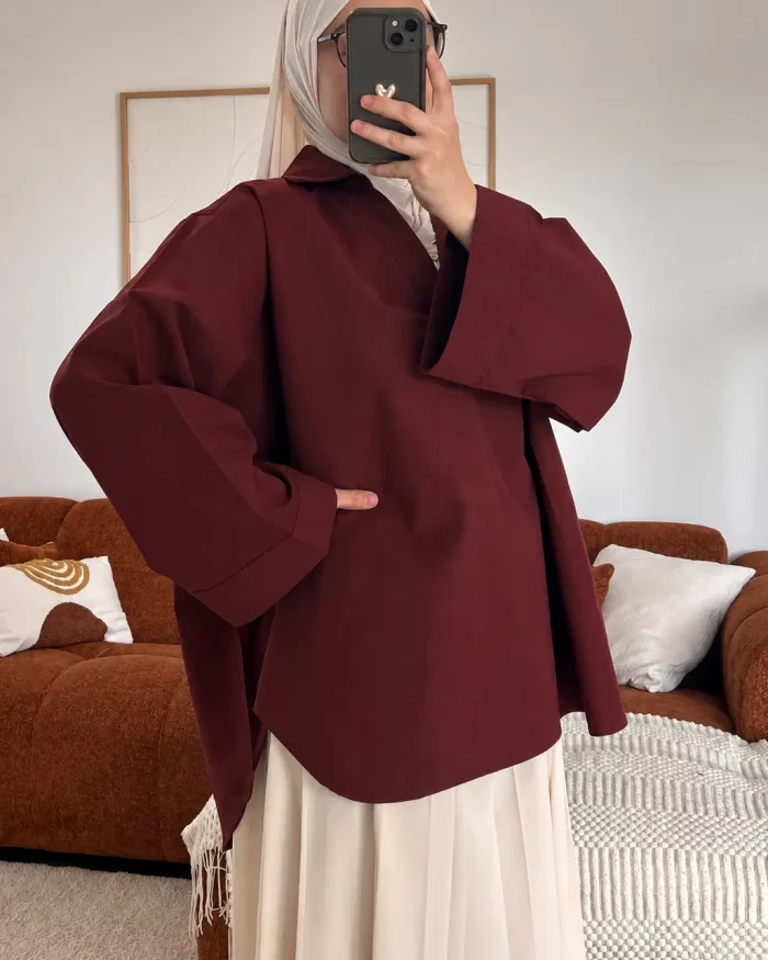 Alternative view of Polo col V oversize | Rouge foncé