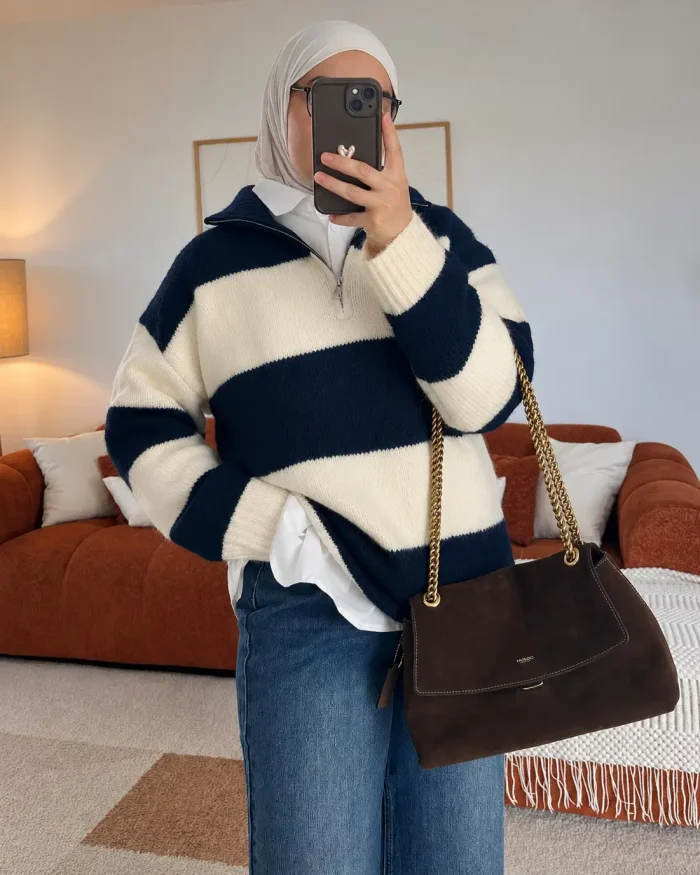 Pull à rayures col zippé montant | Bleu