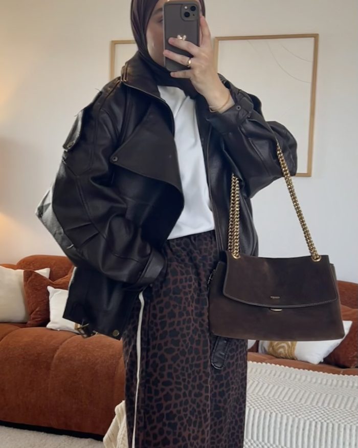 Veste en cuir à col haut | Marron – Image 5