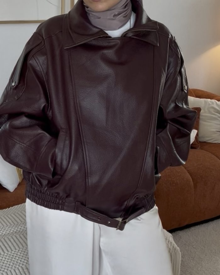 Veste en cuir à col haut | Burgundy