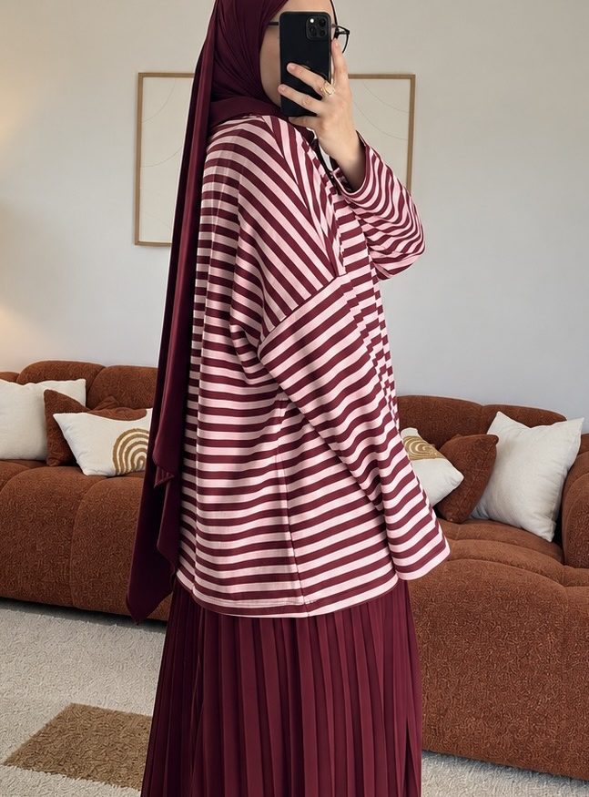 Polo marinière à boutons | Burgundy & rose – Image 3