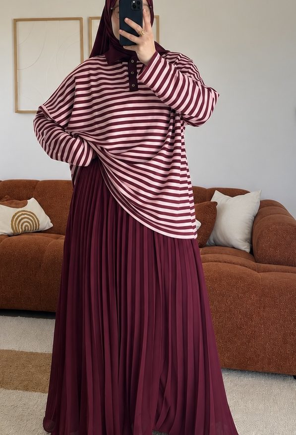 Alternative view of Polo marinière à boutons | Burgundy & rose