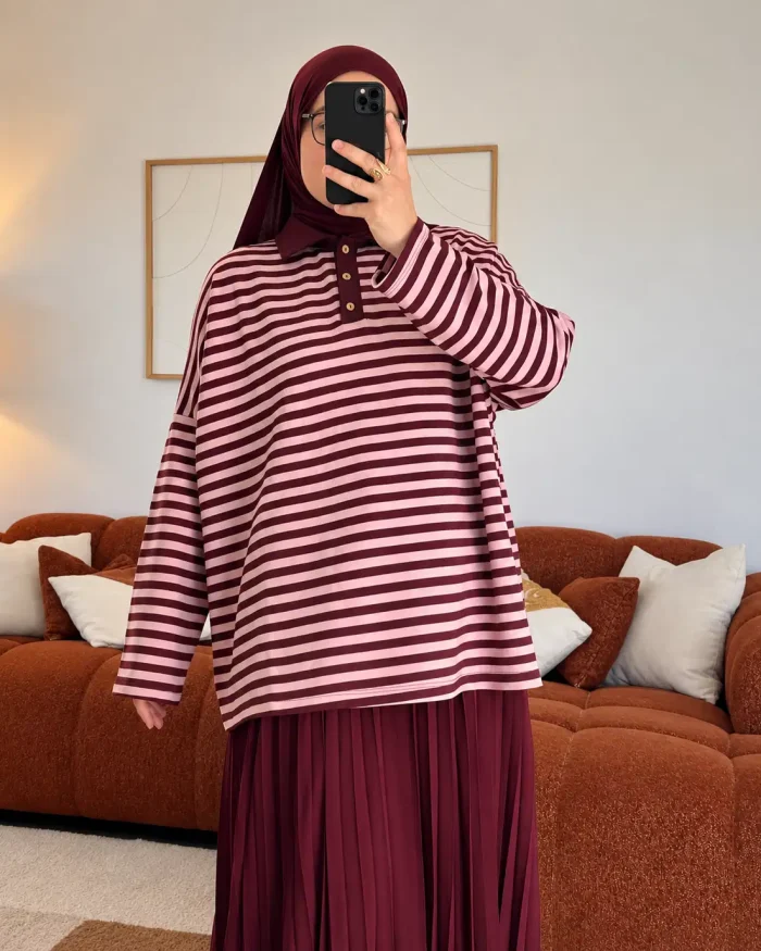 Polo marinière à boutons | Burgundy & rose